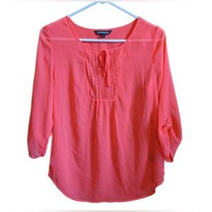 Express Orange Sheer Sequin Keyhole Tie Front 3/4 Sleeve Blouse Top